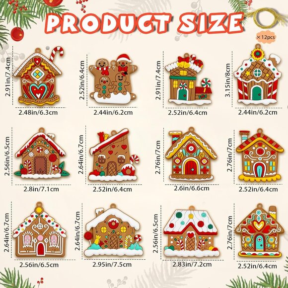 Gingerbread House Ornaments Christmas Tree Decoration - 12pcs Gingerbread House - Picture 3 of 7